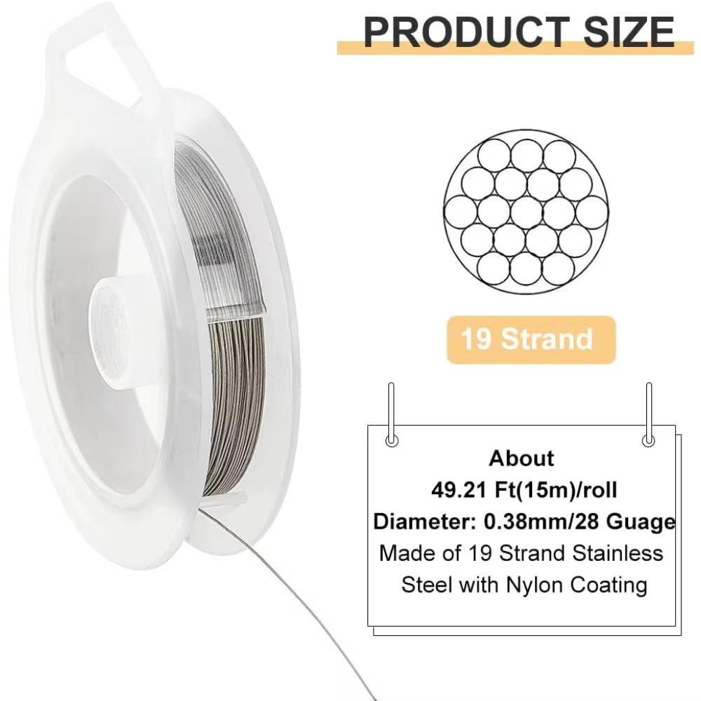 Fil de perles en nylon et acier inoxydable, 19 brins, 0.015 pouces/0.38mm 49 pieds, pour collier et 