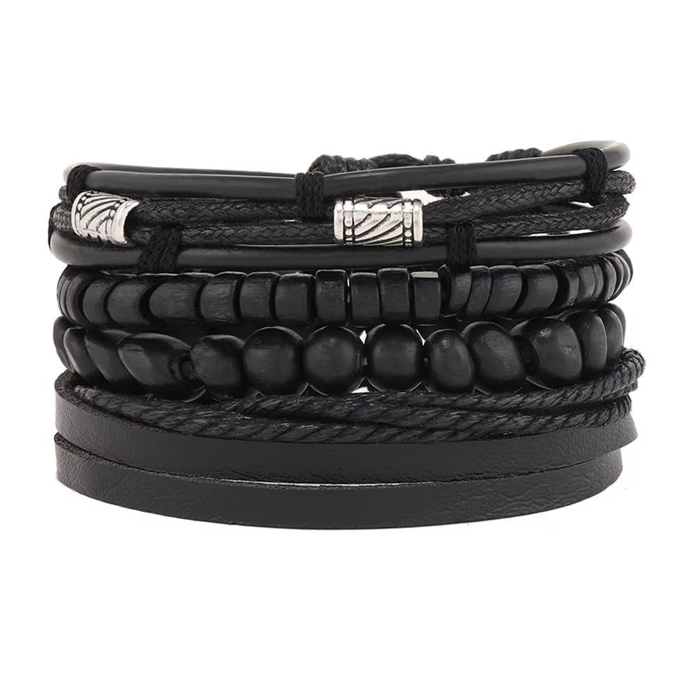 Bracelet en cuir pour hommes, tissé à la main, perlé, ensemble multicouche avec Bracelet réglable, B