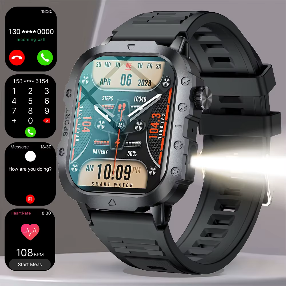 Montre connectée de 2,01 pouces avec lampe torche LED, compatible avec Android et iPhone, plus de 10