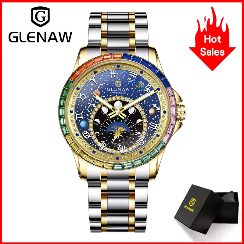 2025 nouveau GLENAW Design arc-en-ciel cercle montre mécanique hommes Constellation cadran veilleuse