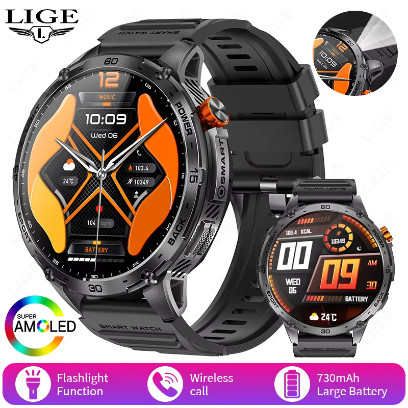 Montre connectée pour hommes, batterie 730mAh, écran AMOLED de 1.75 pouces, appels Bluetooth, lampe 