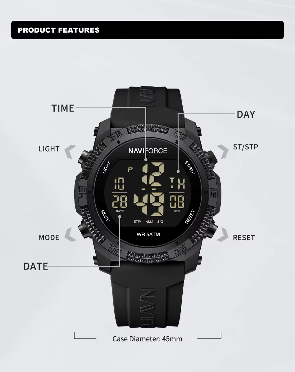 NAVIFORCE NF7104 Montre électronique numérique LCD décontractée avec alarme de date et de semaine po