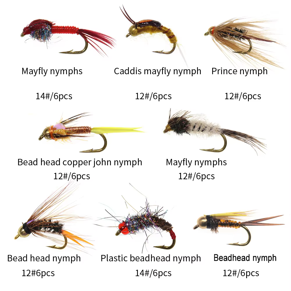 Vampfly 48 pièces ensemble de mouches boîte tête de perle cuivre John nymphe Caddis mai mouche nymph