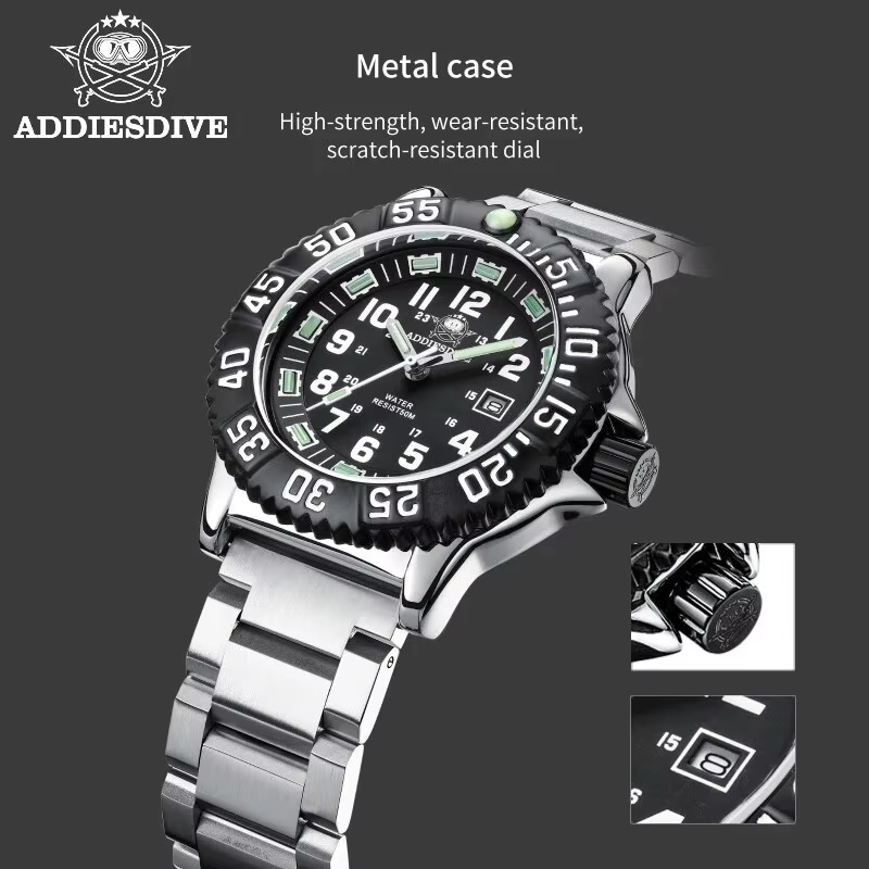 Addies Dive-Montre à quartz décontractée pour homme, affichage du calendrier, étanche 50m, tube, cad