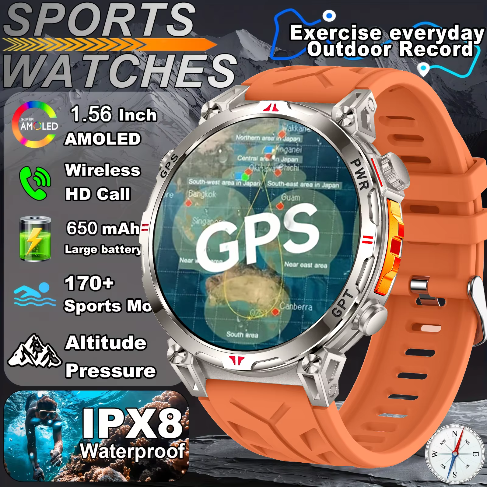 Nouveau KC93 montre intelligente 1.56 pouces AMOLED GPS positionnement Sports de plein air Fitness T