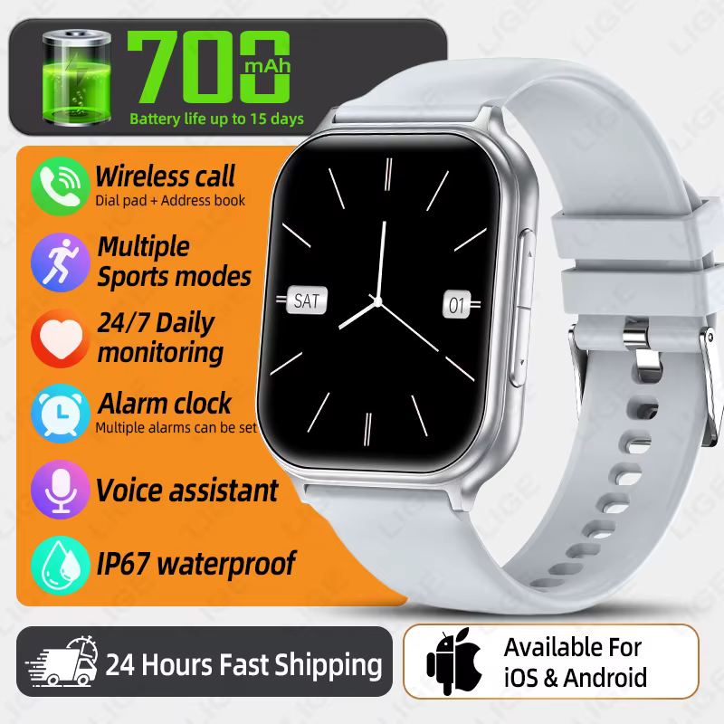 Montre connectée LIGE avec batterie 700 mAh, pour hommes et femmes, tracker de fitness sportif, étan
