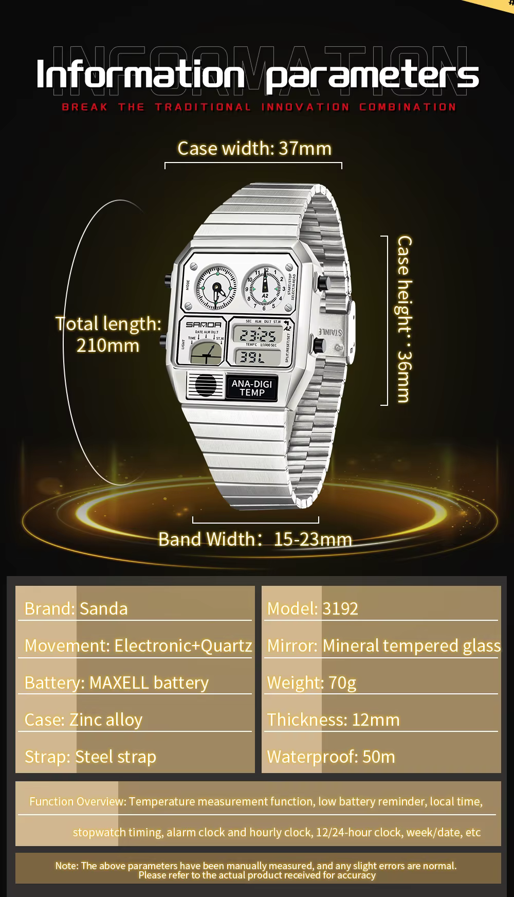 SANDA nouveau 3192 montre électronique carrée pour hommes LED étanche thermomètre chronomètre pour m