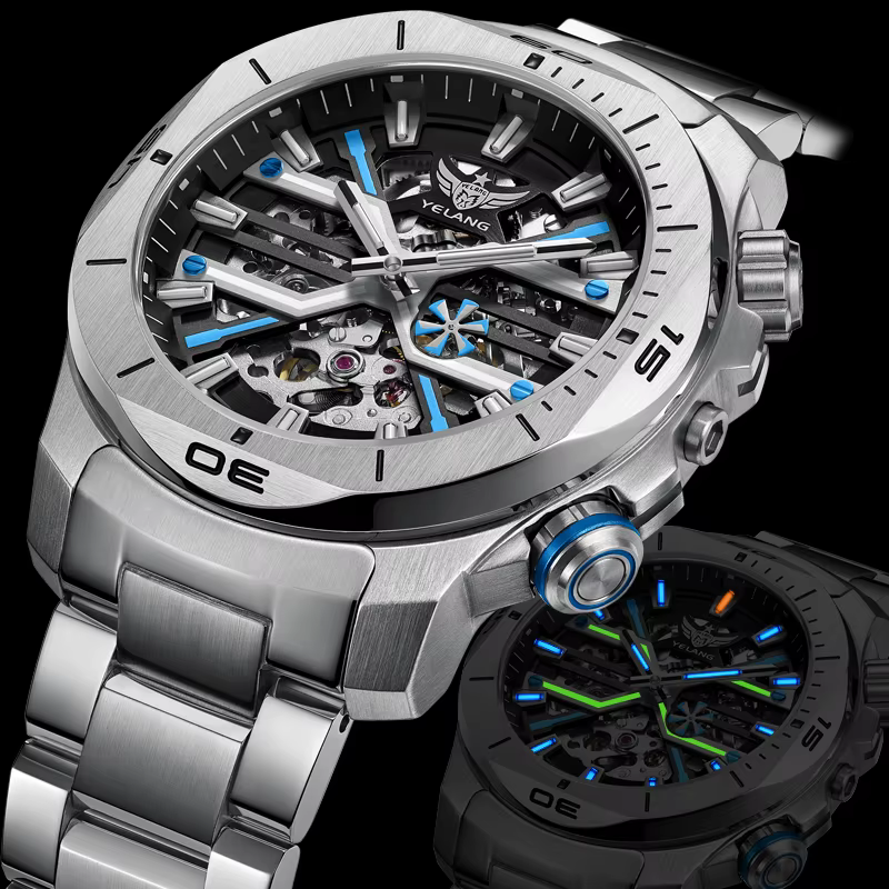 YELANG – montre automatique pour hommes, 44mm, carrée, mécanique, Tubes lumineux, saphir, étanche 30