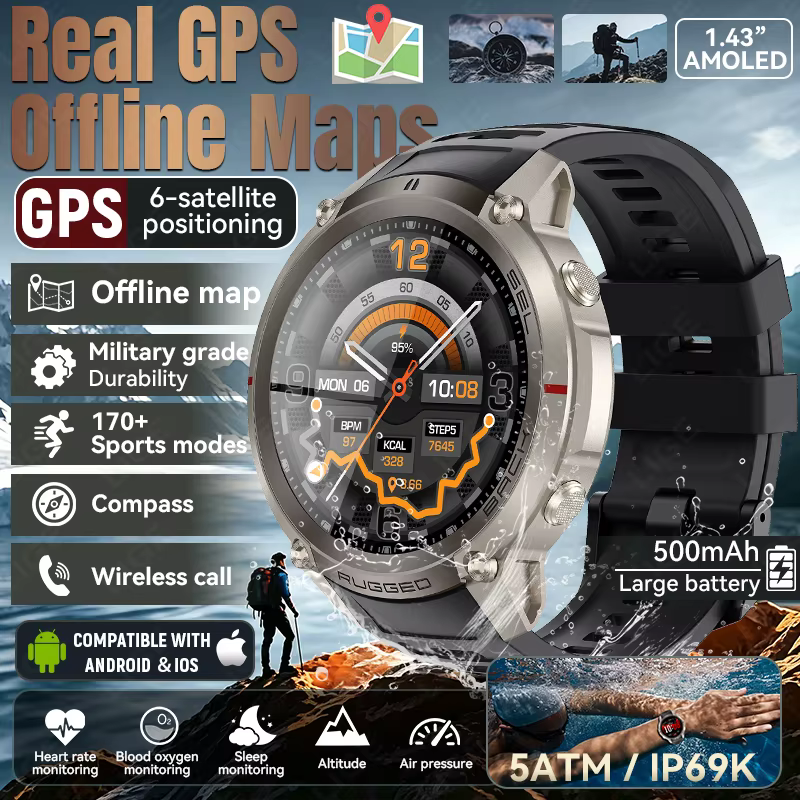 Montre connectée militaire robuste 2026 avec GPS et cartes hors ligne, navigation extérieure, suivi