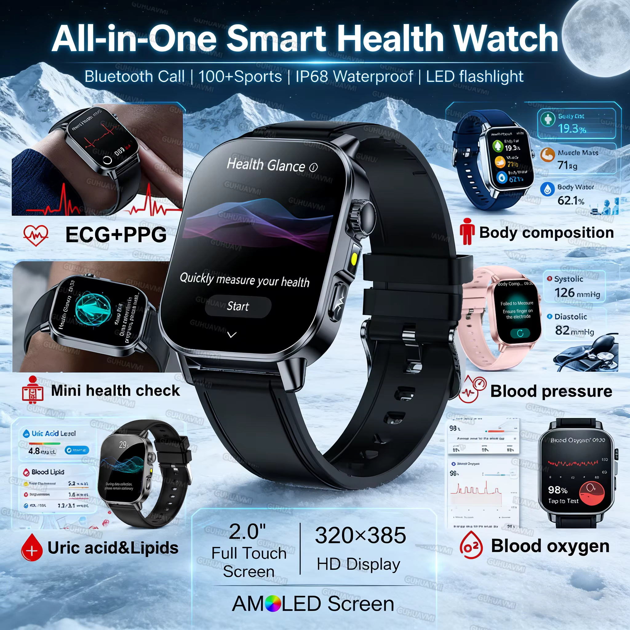 Nouvelle Montre Connectée 2026 pour l'Analyse de la Santé (Acide Urique & Lipides) avec ECG+PPG, App