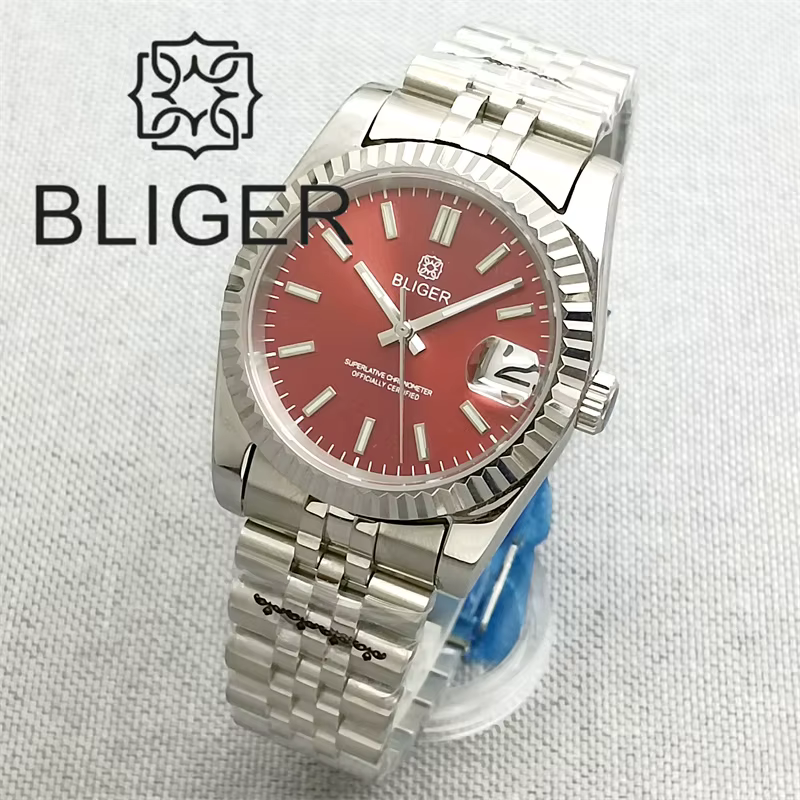 BLIGER 36mm/39mm Sunburst cadran marron montre NH35 lunette cannelée saphir cristal Rose bord bâtons