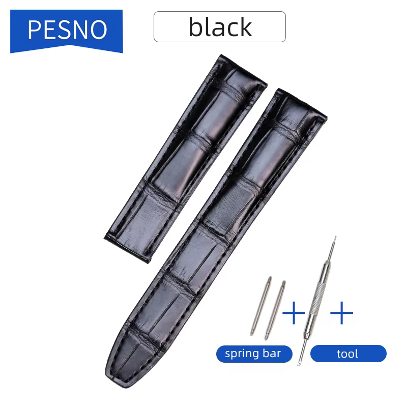 Pesno – bracelet de montre en cuir véritable pour homme, accessoire de 20mm, en Crocodile noir, pour