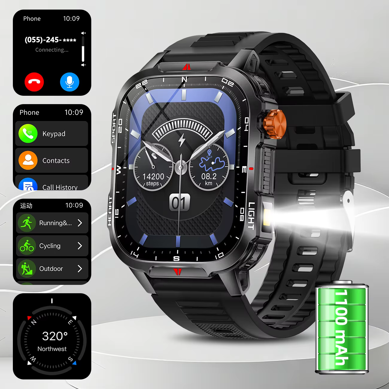 Montre connectée de randonnée globale, écran 2025, batterie 1100mAh, boussole lumineuse LED, IP68, A