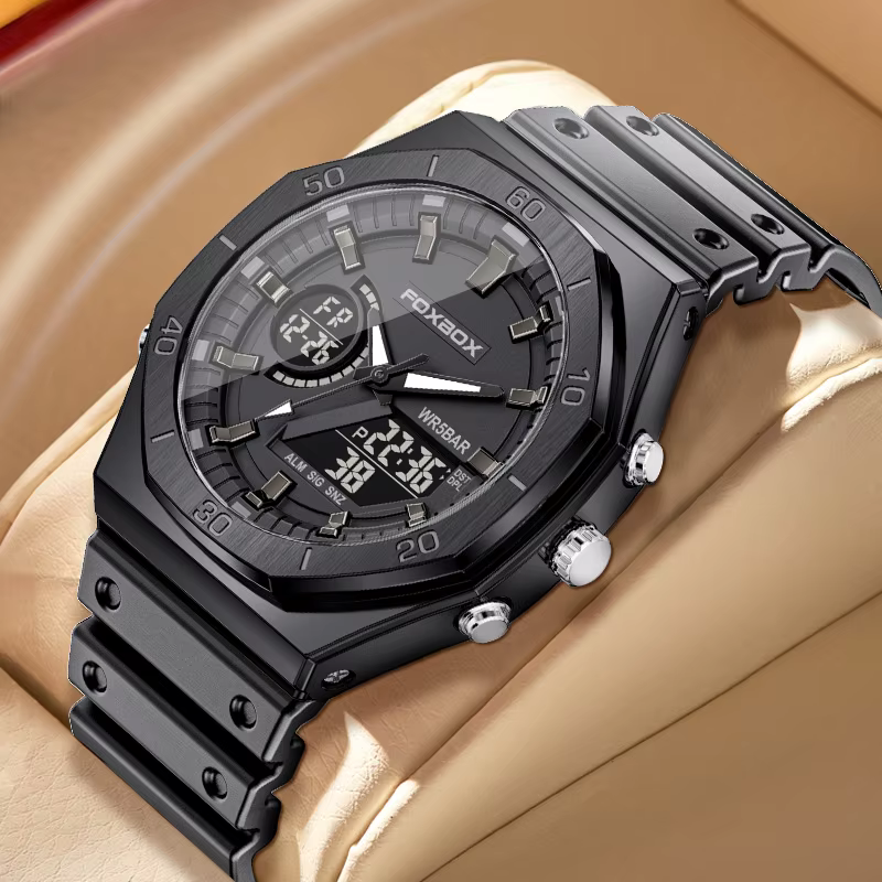 FOXBOX – montre de sport noire à double affichage pour hommes, étanche 5ATM, multifonction, numériqu