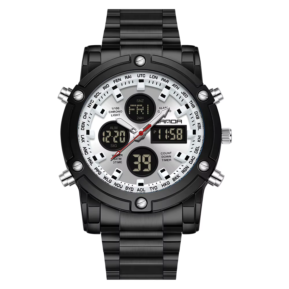 Montre-bracelet numérique classique pour homme SANDA, nouvelle collection, étanche, double affichage