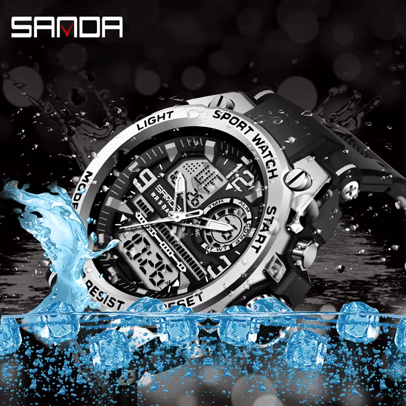 SANDA hommes sport montres à Quartz double affichage LED électronique numérique montres étanche mont