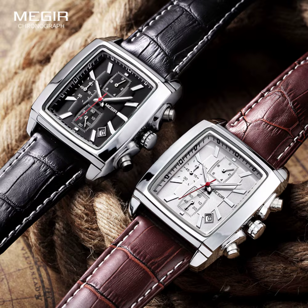 Megir cadran rectangulaire bracelet en cuir Montre pour hommes décontracté bleu chronographe montres