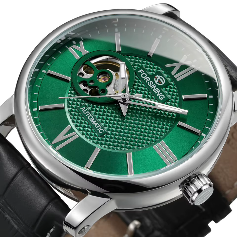 Forsining mode squelette montre mécanique pour hommes cadran bleu ceinture en cuir affaires automati