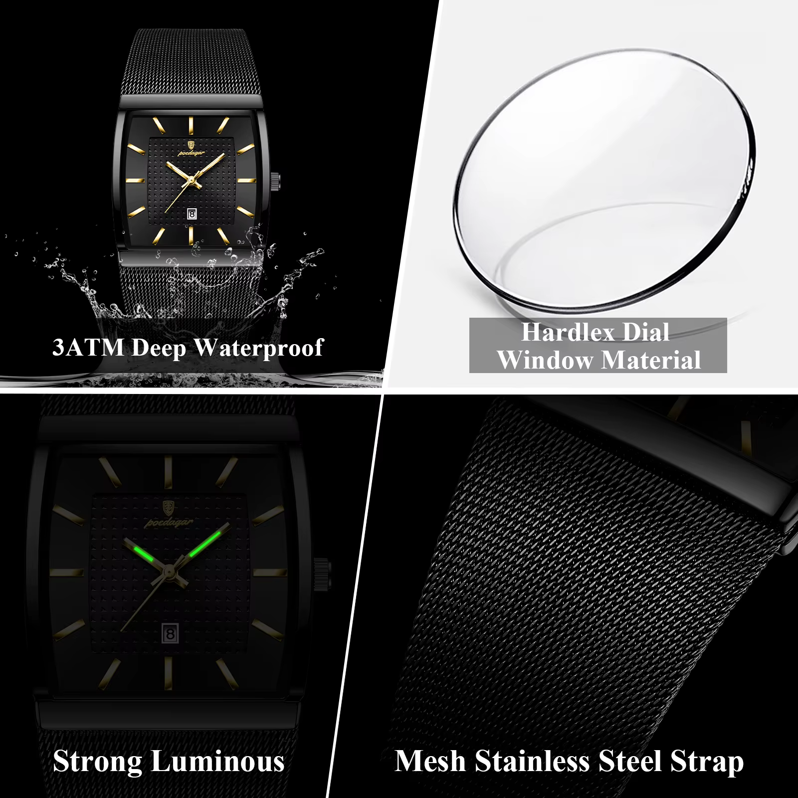 POEDAGAR Top luxe hommes montre-bracelet étanche lumineux en acier inoxydable maille Date homme mont