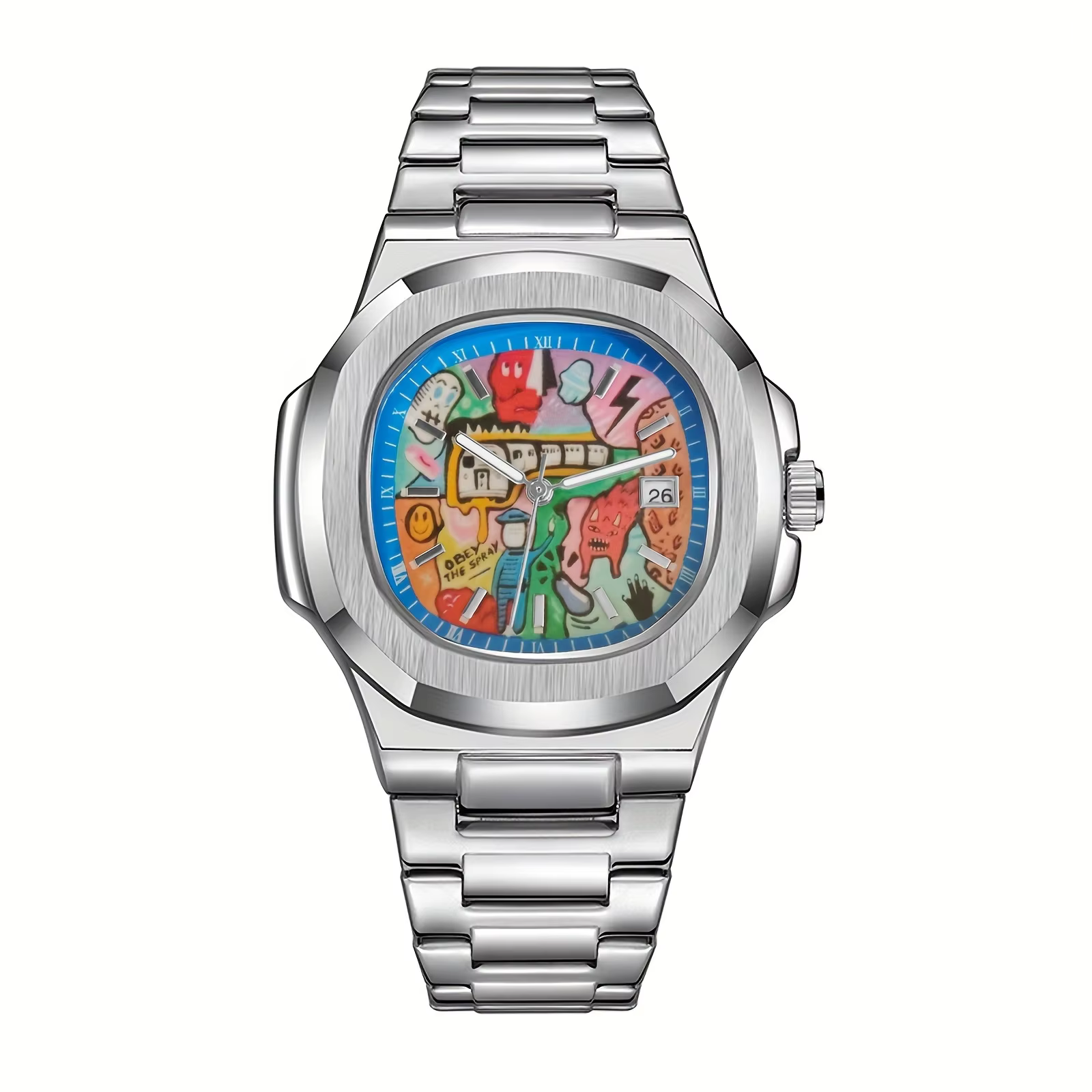 2025 nouveaux hommes carré trou de ver Concept montre étanche bracelet en acier Vintage carré Graffi