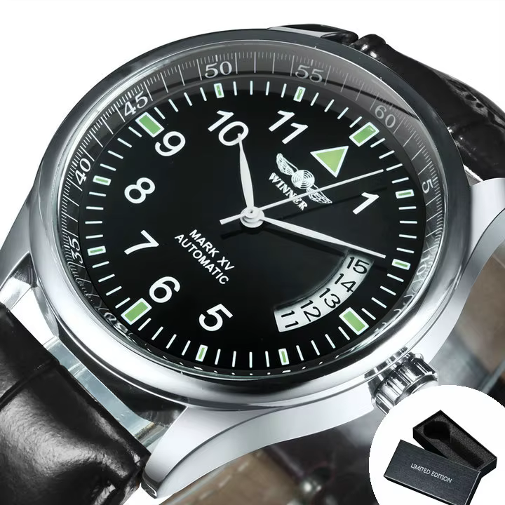 Montre automatique WINNER pour homme, fenêtre de calendrier, cadran noir tendance, bracelet en cuir 