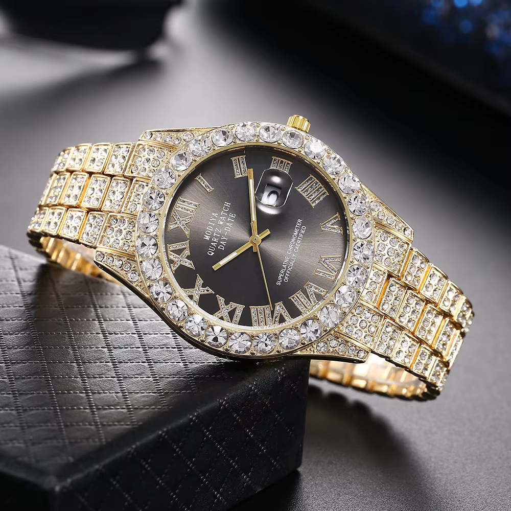 Montre à quartz avec bracelet en acier doré pour homme, échelle romaine, biscuits, calendrier, montr