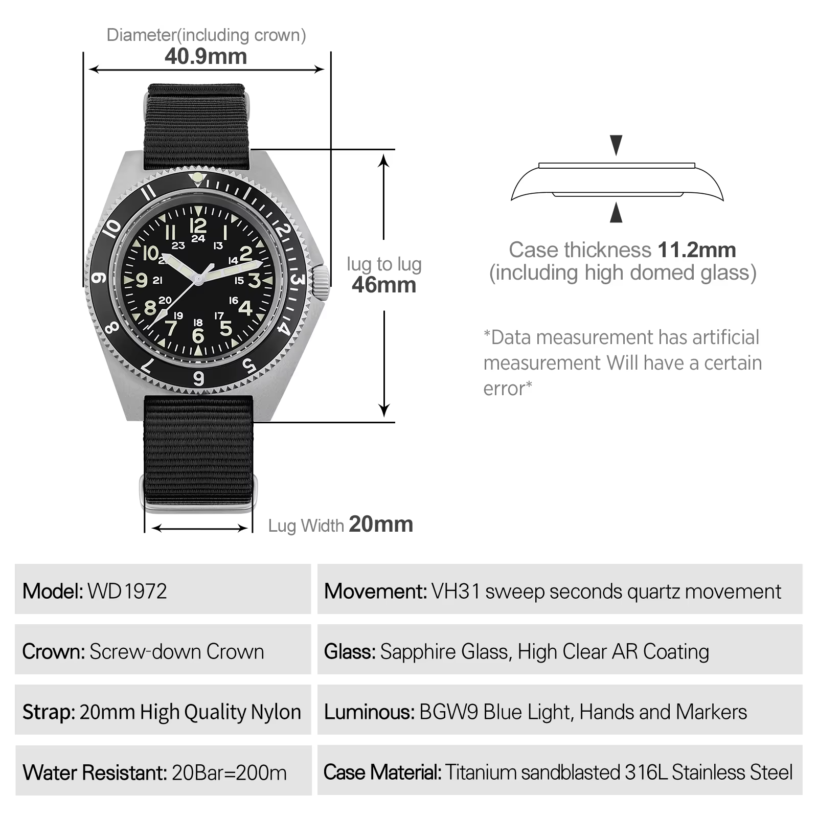 Watchdives WD1972 montre à Quartz VH31 balayage secondes mouvement saphir cristal BGW9 lumineux 20Ba