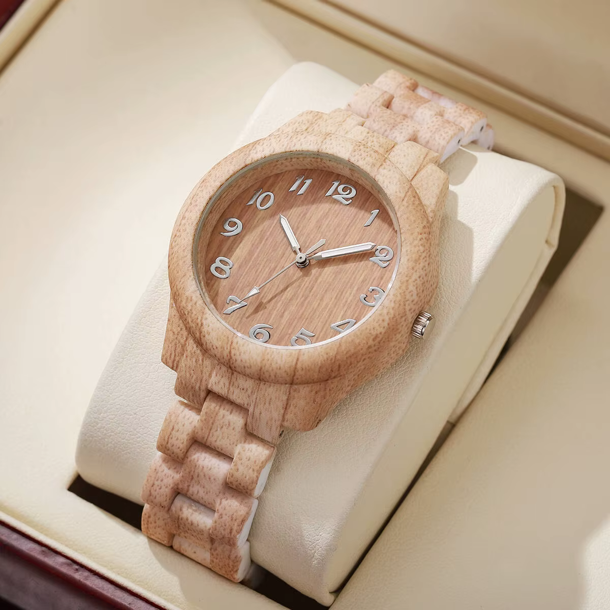 Montres pour femmes à la mode, montre à quartz décontractée avec bracelet en plastique à motif boisé