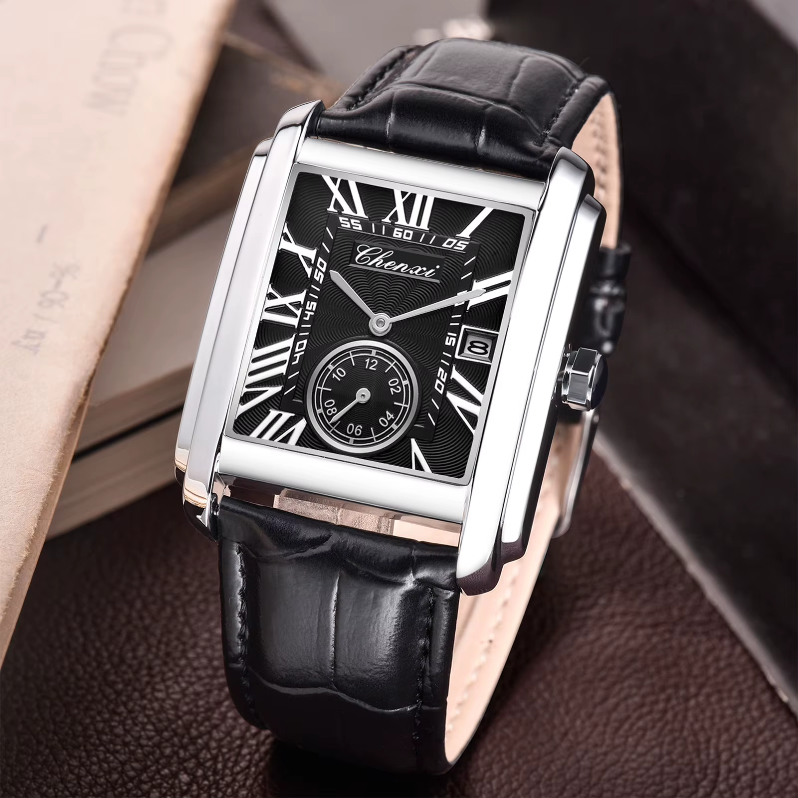 Chenxi-Montre de dehors Rectangulaire en Cuir group pour Homme, Horloge Élégante à Quartz, Étanche,