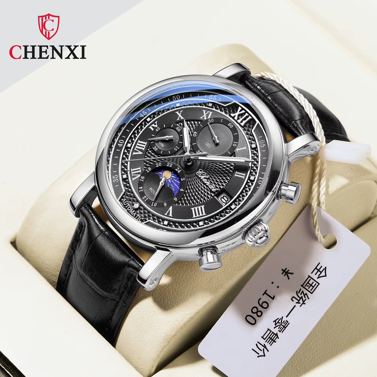 Chenxi 976 cuir chronographe Date hommes Phase de la lune chronométrage affaires lumineux montre à Q