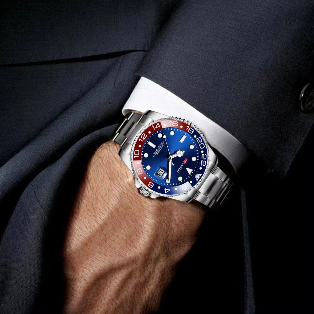 Montre d'affaires en acier inoxydable 40mm classique rouge bleu cercle série de plongée loupe calend