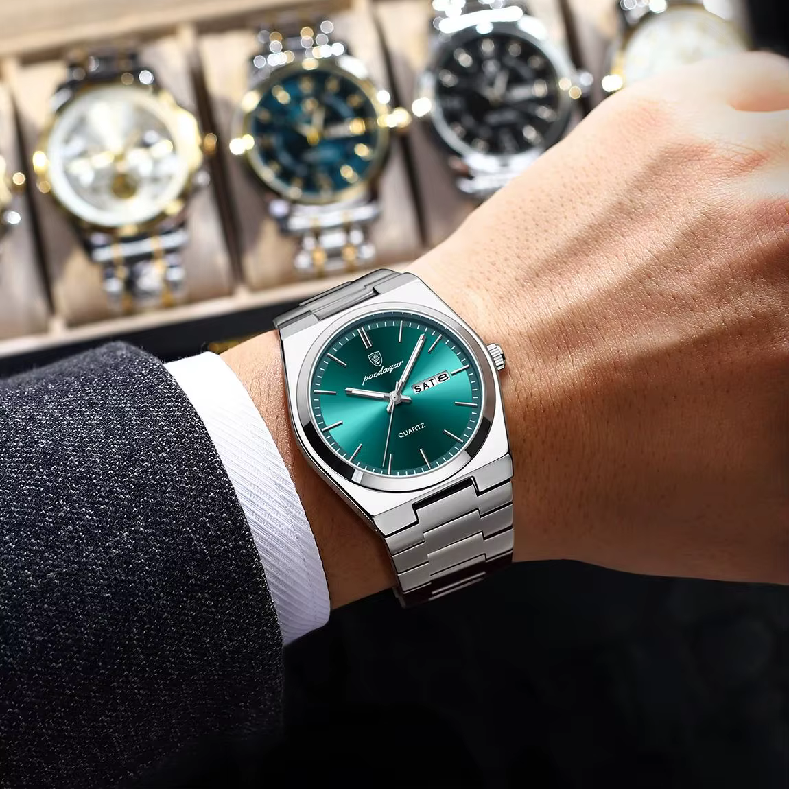 Montre pour homme POEDAGAR, élégante, en acier inoxydable, étanche, lumineuse, avec date et jour, cl