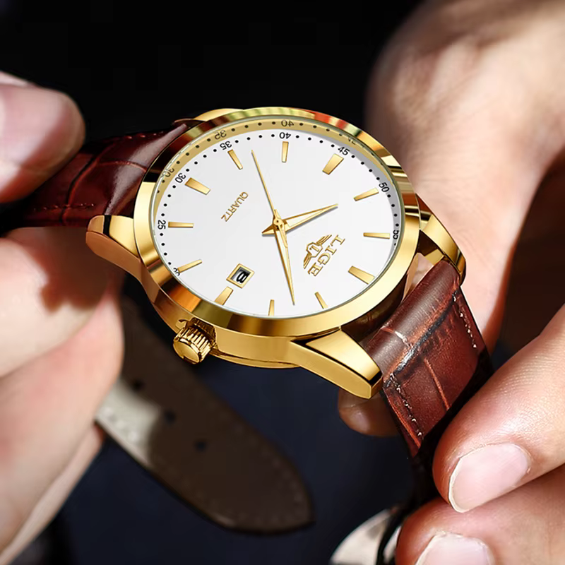 Montre LIGE en cuir marron pour homme, style militaire, sport, quartz, décontractée, étanche, chrono