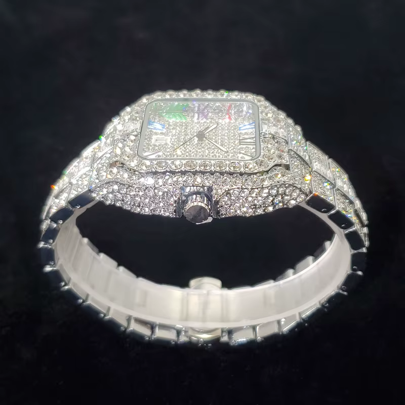 Montre en diamant de luxe pour hommes, montres numérotées colorées carrées glacées, bijoux Hip Hop B