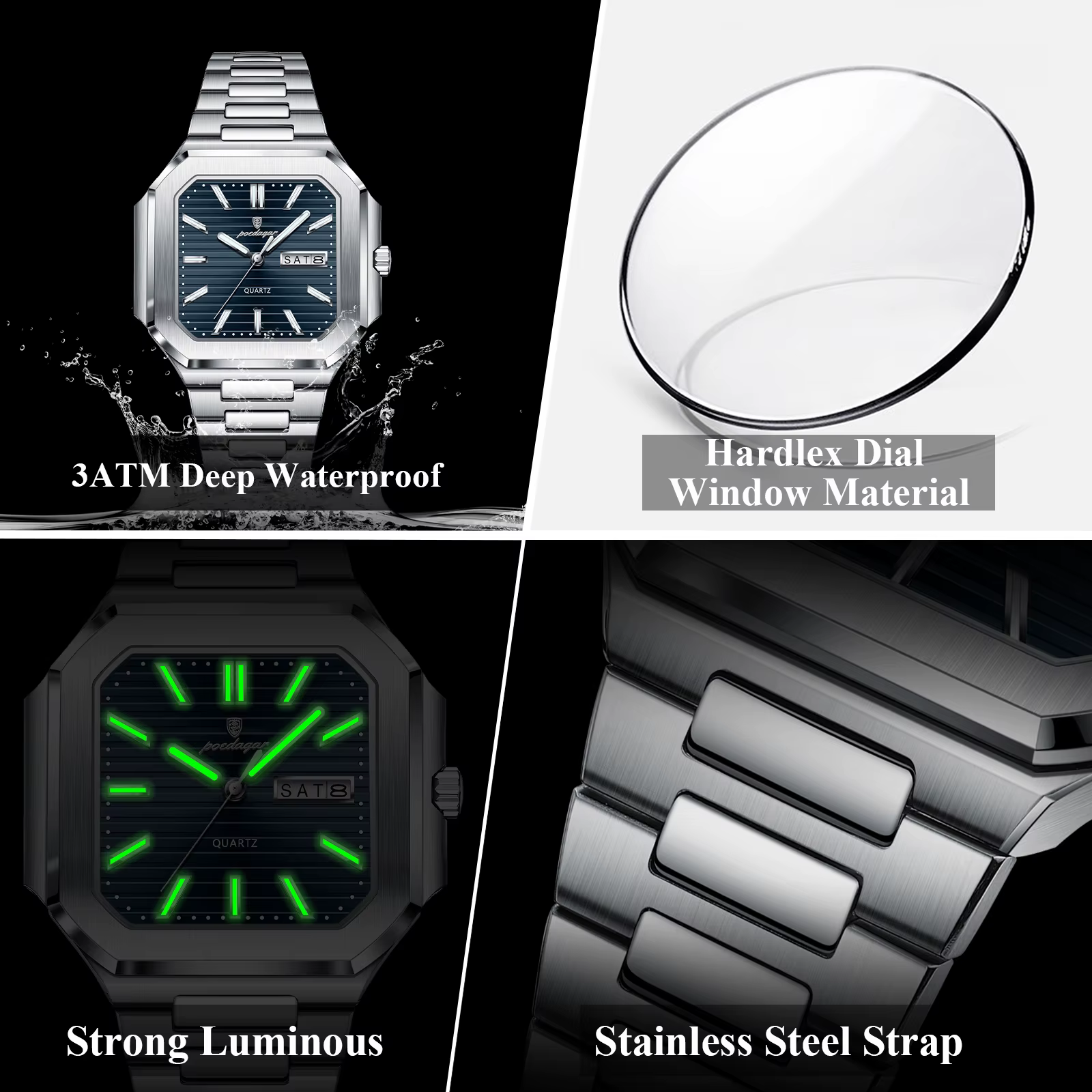 POEDAGAR affaires homme montre étanche lumineux Date semaine classique montres pour hommes en acier 