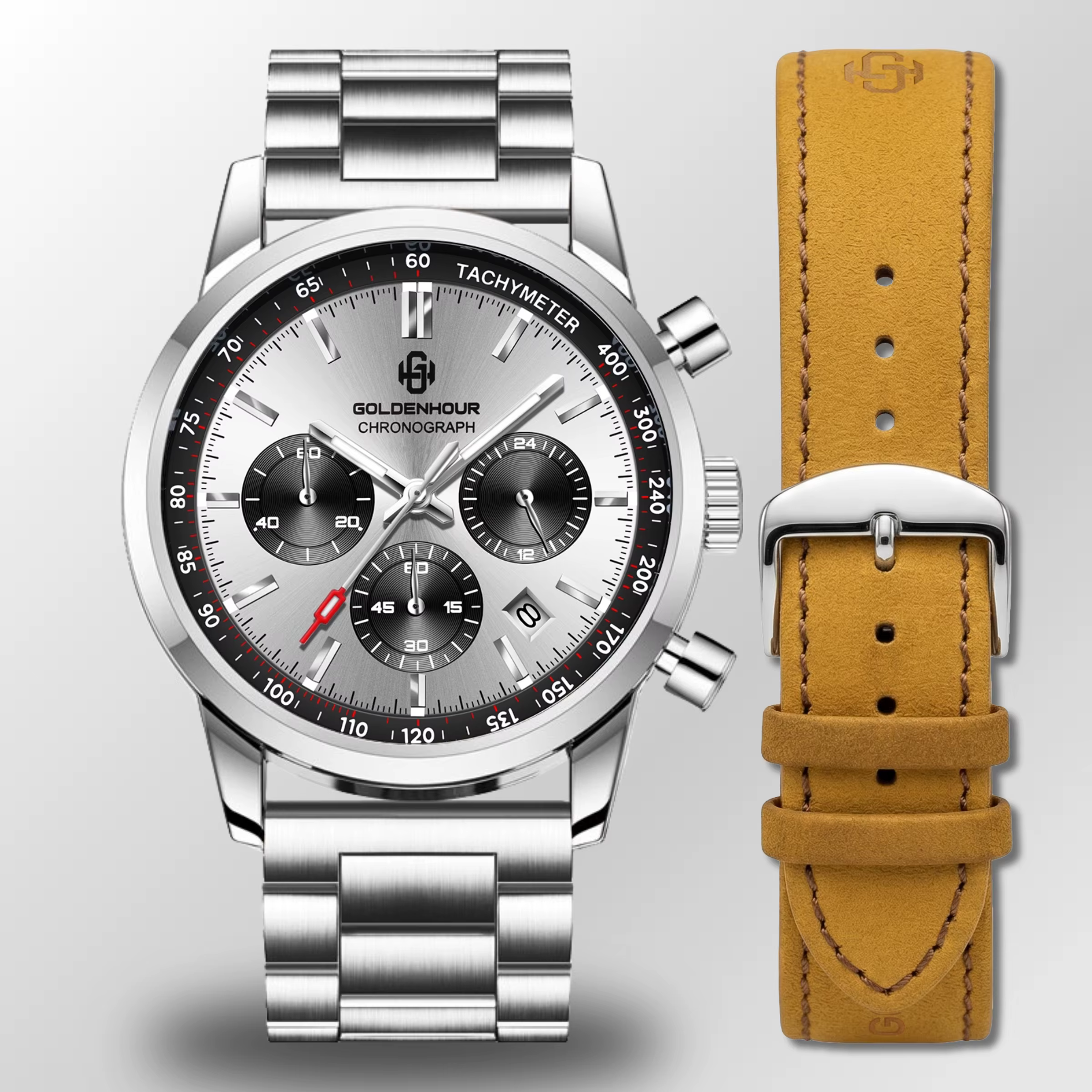 Montre de luxe pour homme GOLDEN HOUR, acier inoxydable, étanche, chronographe lumineux, quartz, mon