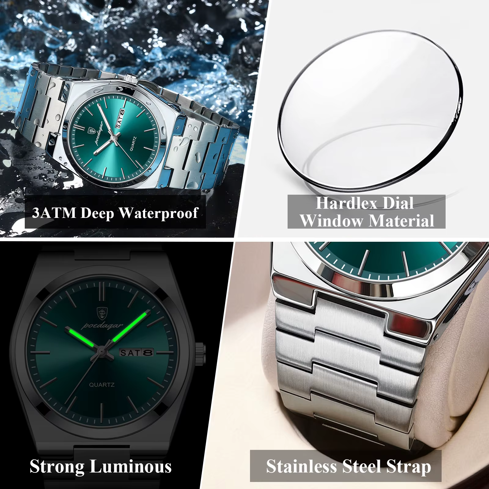 Montre pour homme POEDAGAR, élégante, en acier inoxydable, étanche, lumineuse, avec date et jour, cl
