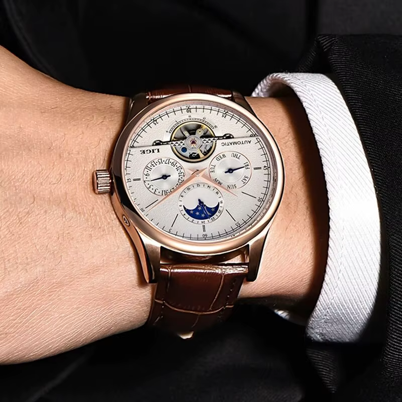 LIGE hommes montres automatique montre mécanique Tourbillon horloge en cuir véritable montre étanche