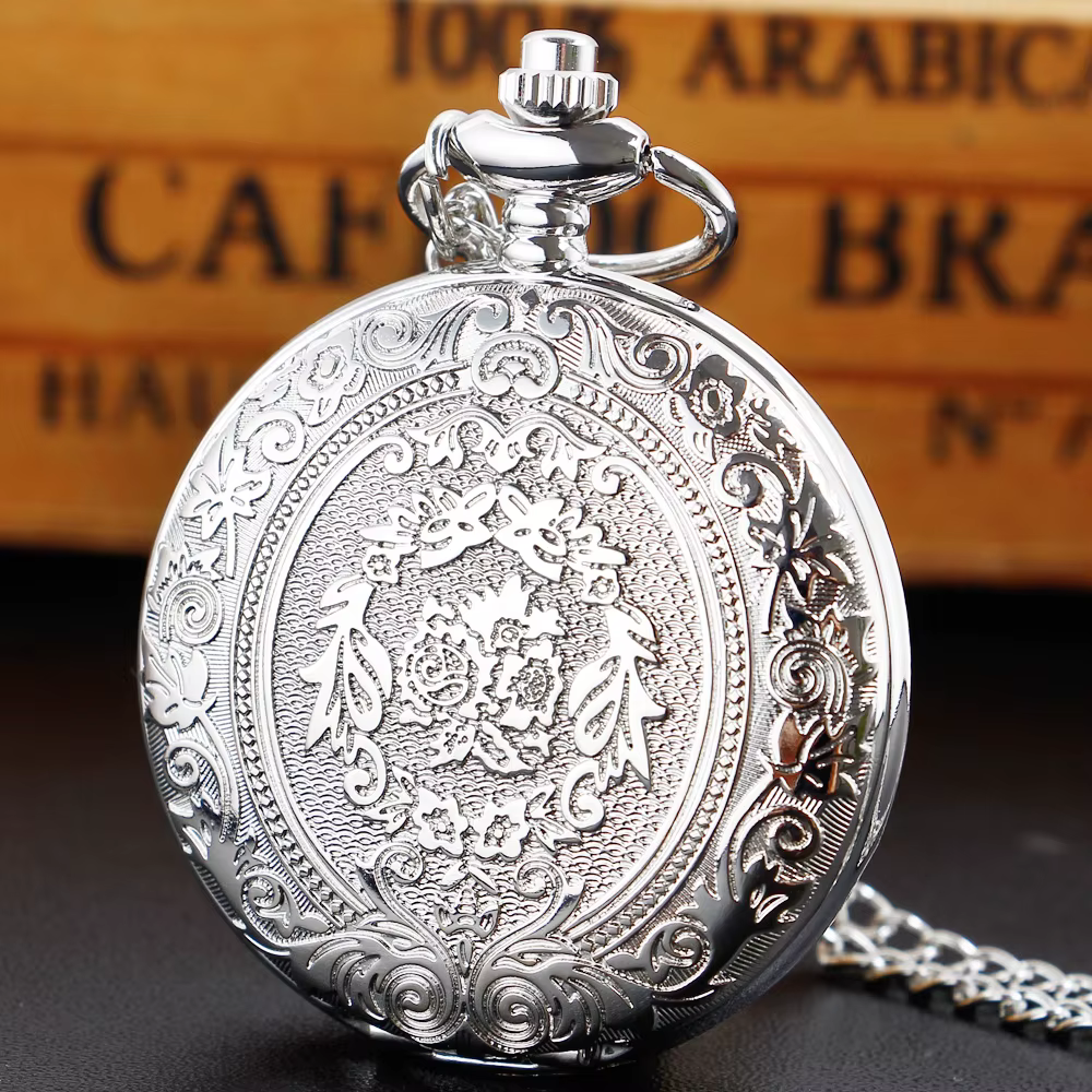 Montre de poche de luxe en argent à quartz, collier pendentif, chaîne, bijou, cadeau, horloge steamp