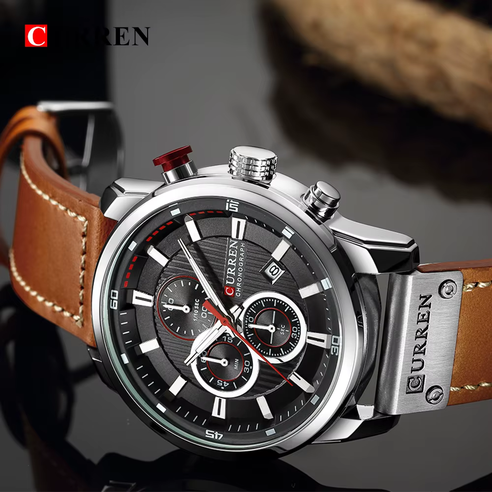 Montre chronographe à quartz pour homme CURREN 8291, montre-bracelet décontractée en cuir, style mil