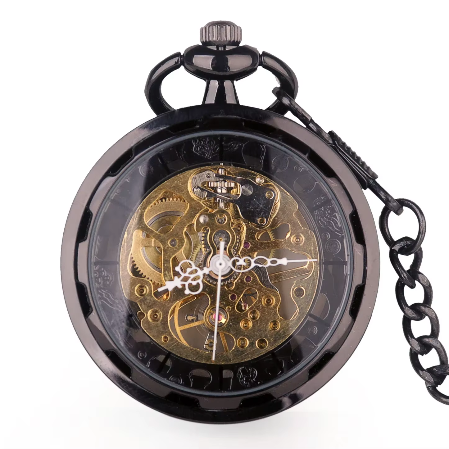 Montre de poche mécanique squelettée noire/argentée, transparente, pour hommes et femmes, montre de 