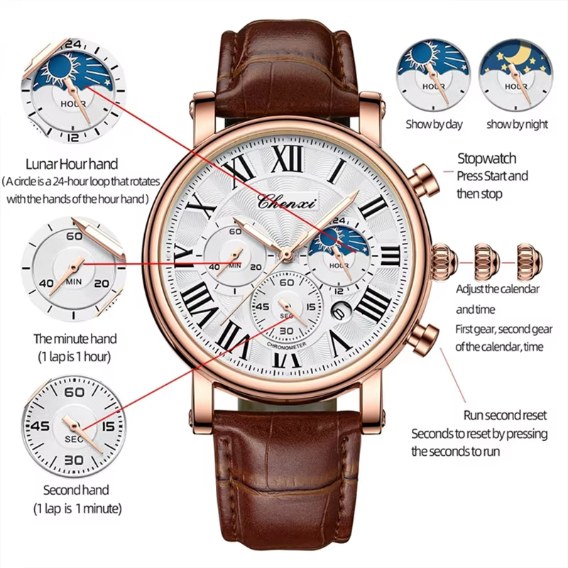 CHENXI 973 multi-fonction affaires Phase de lune Date étanche Rome analogique importé hommes montre-