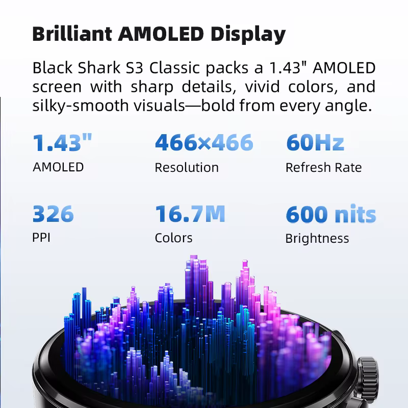 Nouvelle montre connectée Blackshark S3 Classic 1.43'' AMOLED, 120+ modes sportifs, 16 jours d'auton