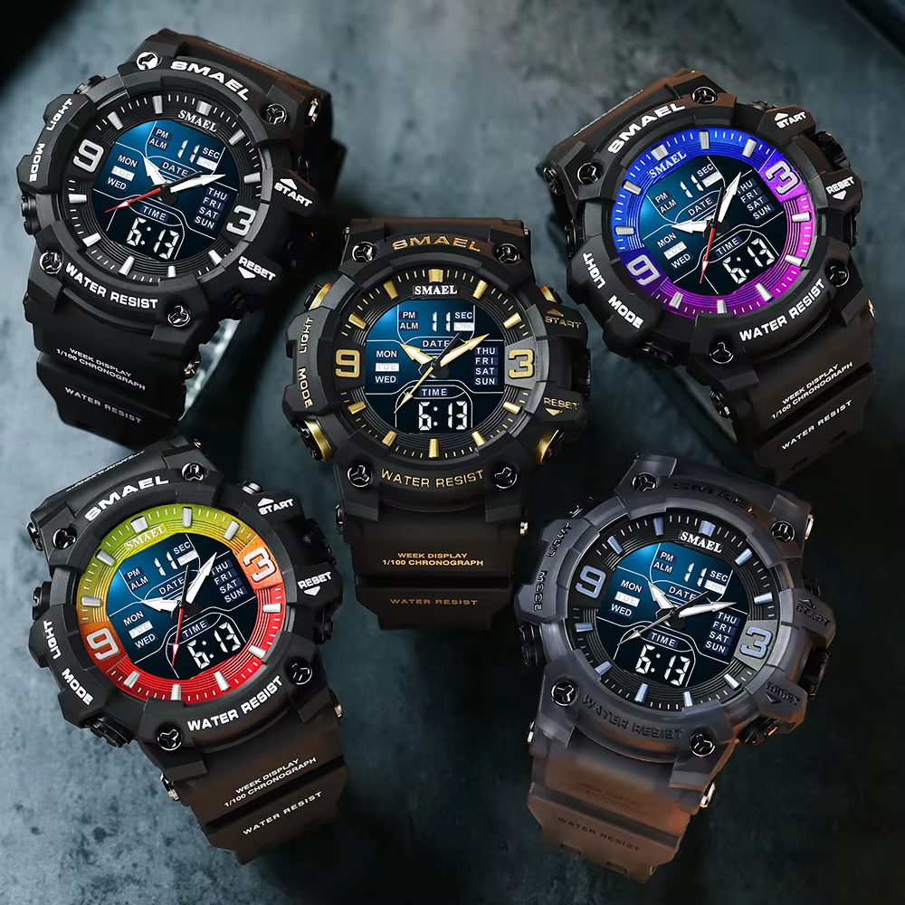 SMAEL-Montre de sport à quartz avec alarme lumineuse LED, montres-bracelets automatiques, affichage