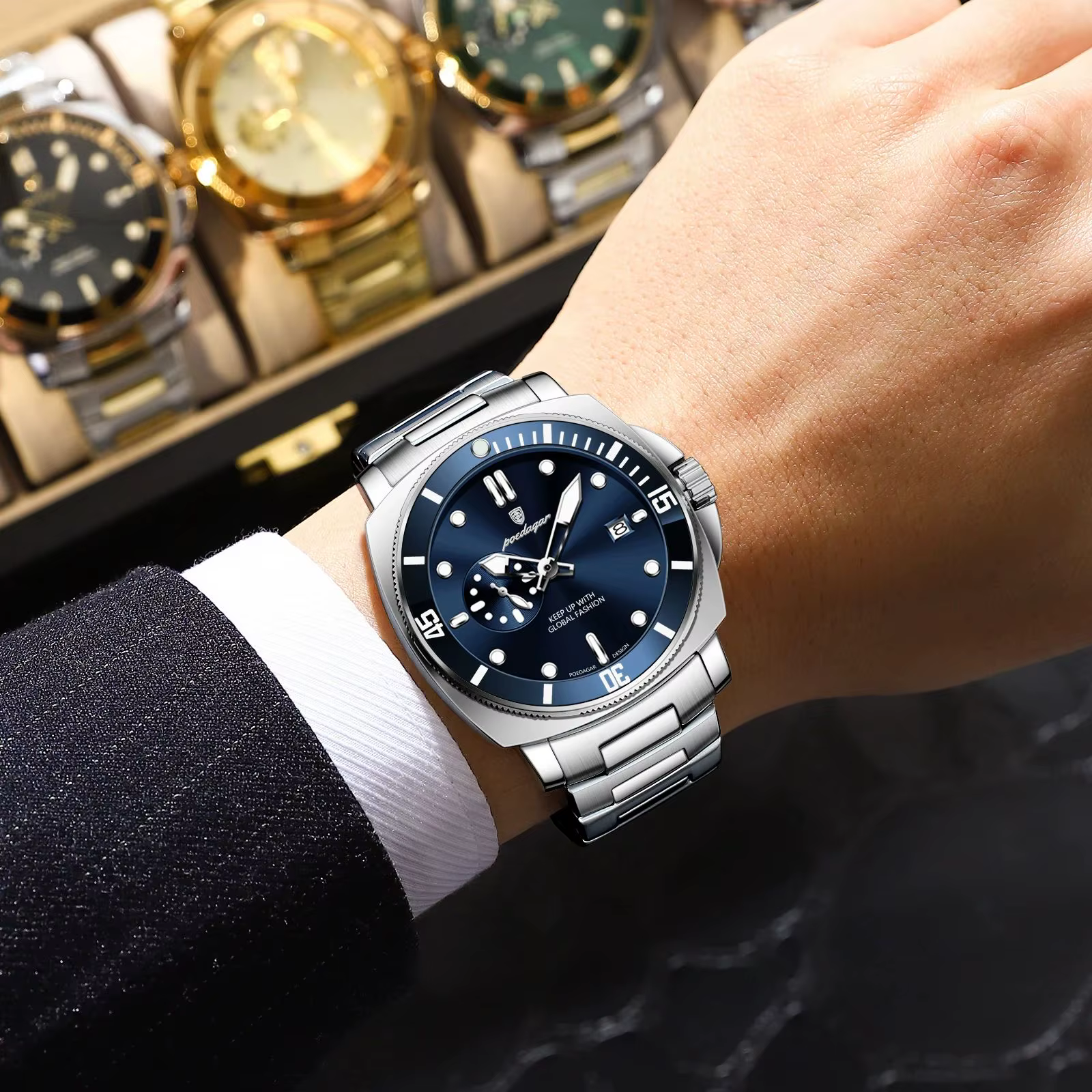 POEDAGAR haut à la mode montre de luxe pour hommes étanche lumineux Date montres pour hommes en acie