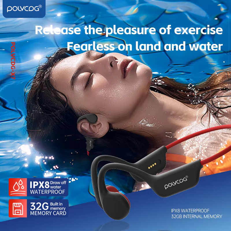 POLVCDG casque à Conduction osseuse IPX8 32GB Bluetooth 5.3 casque sans fil avec microphone étanche