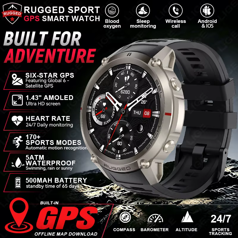 Montre connectée LIGE 2026 avec navigation GPS, cartes hors ligne, étanche 5ATM, chronomètre de nata