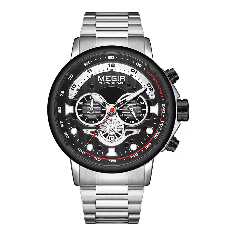 MEGIR-Montre à Quartz en Acier Inoxydable pour Homme, Chronographe Shoous, Montre-Bracelet avec Date