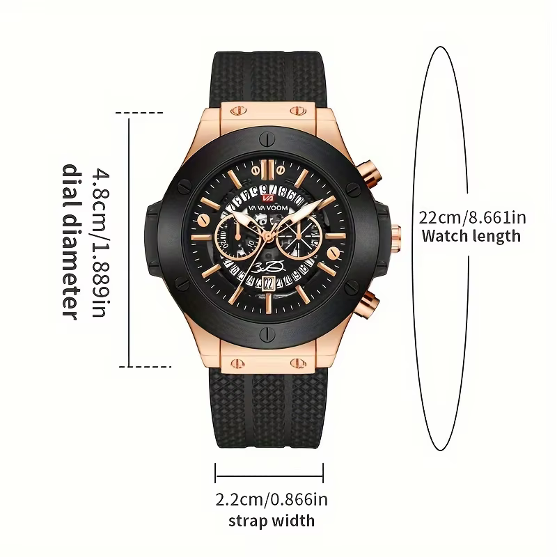 Montre de sport en Silicone noir pour hommes, main ajourée de 46mm, grand cadran, or Rose, Style mil
