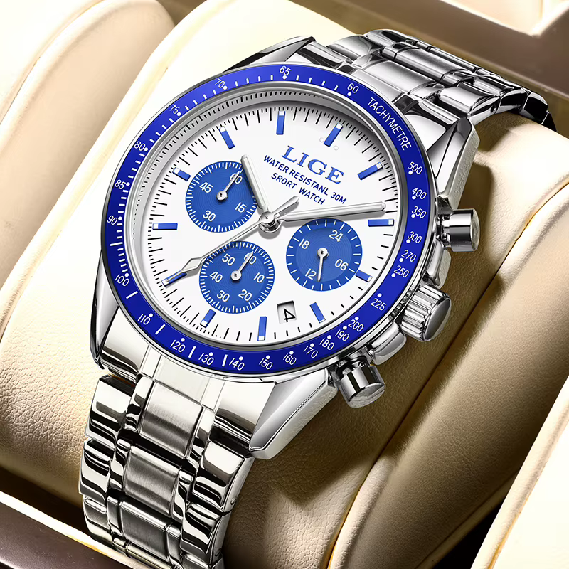 LIGE-Montre d'affaires entièrement en acier étanche pour homme, montres à quartz, chronographe, marq